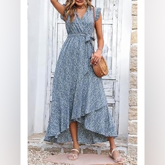 Elegant Blue Floral Wrap Dress size Small - Picture 1 of 5